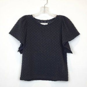 Madewell Texture & Thread Black Eyelet Flutter Short Sleeve Top, Size XXS, EUC